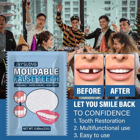 Package include:Tooth powder + tooth solution + fork + measuring spoon + mixing paper + instructions. . Moldable false teeth reviews